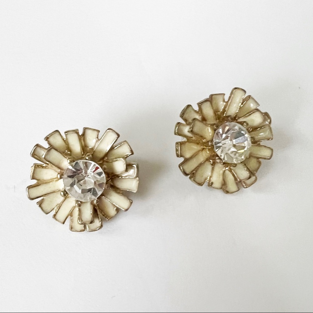 Enameled Flower Clip-On Earring with Rhinestone Center